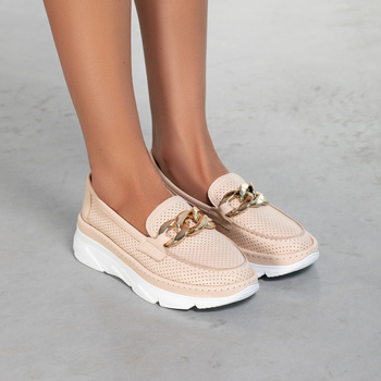 Beżowe mokasyny ze złotym łańcuchem Toscanio BM 1004